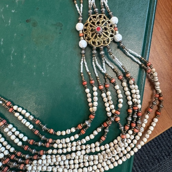 Multicolor Conch Beaded Necklace with Ornate Gold and Tibetan Silver Accents - Picture 8 of 8